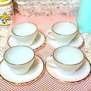 4 Vintage Anchor Hocking Milk Glass Cup and Saucer Sets